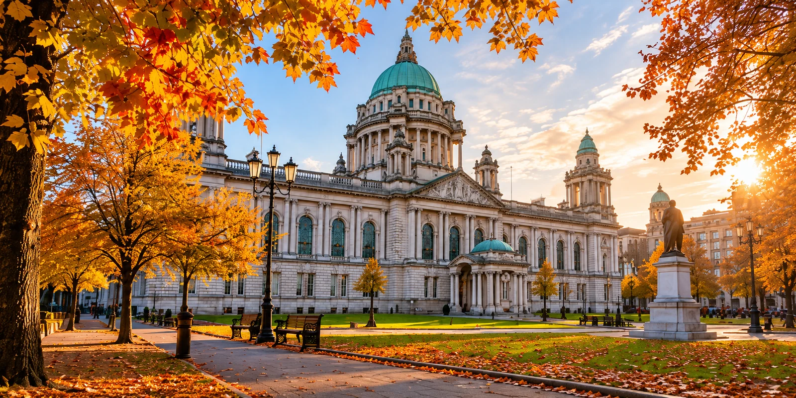 Illustrative view of Belfast City Hall framed by golden autumn leaves