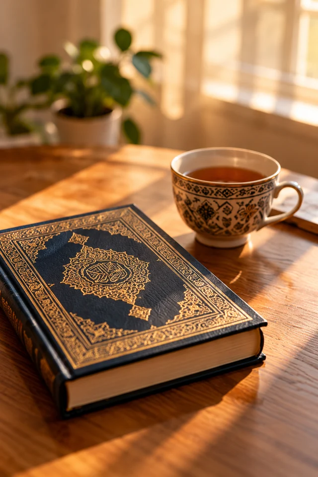 Illustrative still life of a closed Qur’an and a cup of tea beside a softly lit window