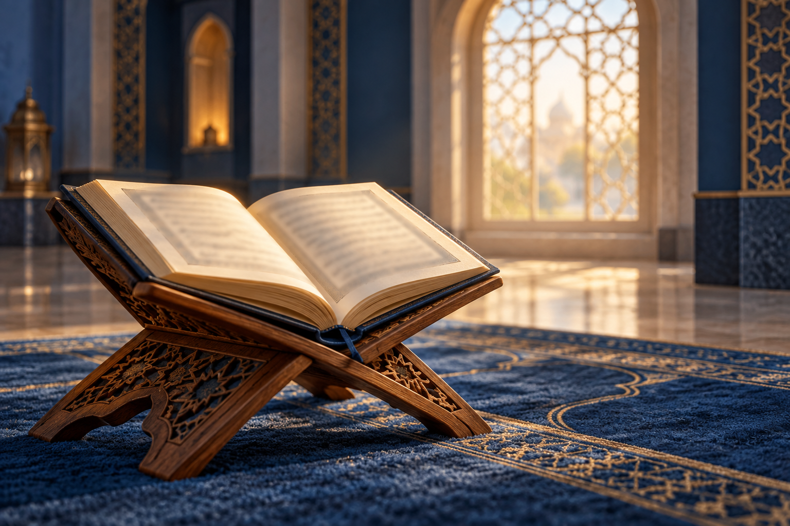 Illustration of an open Quran on a wooden stand in a softly lit prayer room, with the page lettering out of focus