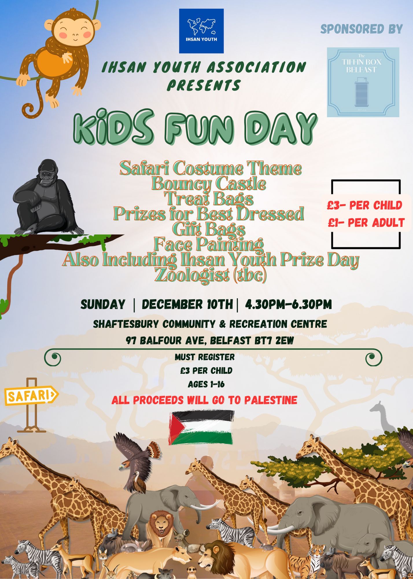 Original Safari Kids Fun Day poster advertising 10 December, 4:30–6:30 pm, sponsored by The Tiffin Box Belfast