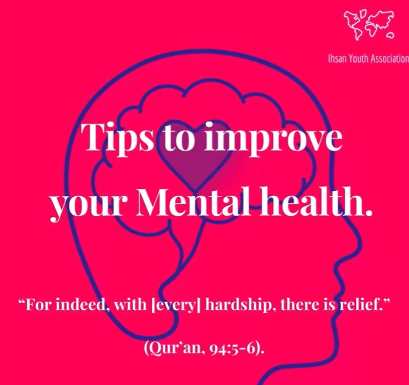 Pink Ihsan Youth graphic titled Tips to improve your Mental health with an outlined head and heart