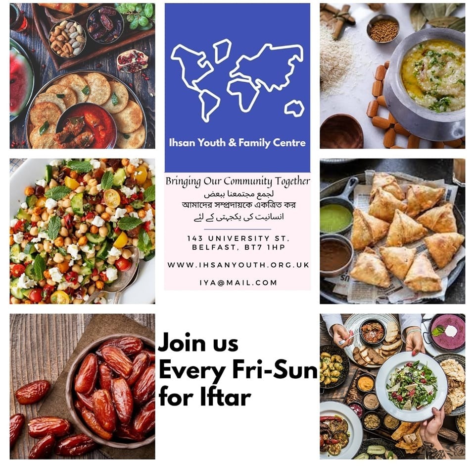 Ihsan Youth’s 2022 weekend iftar poster with photographs of food and an invitation to join Friday to Sunday