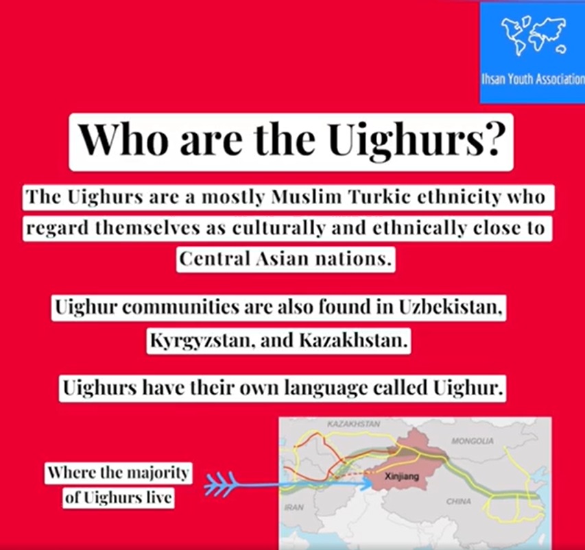 Red information graphic introducing the Uyghur community with text and a map showing Xinjiang